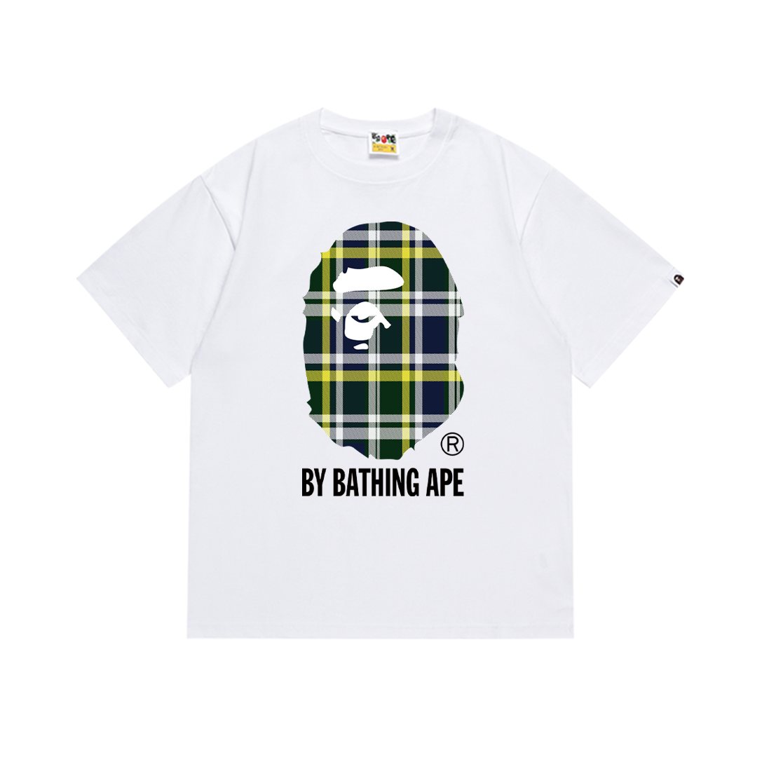 BAPE Green/Yellow Plaid Ape Head Graphic T-Shirt