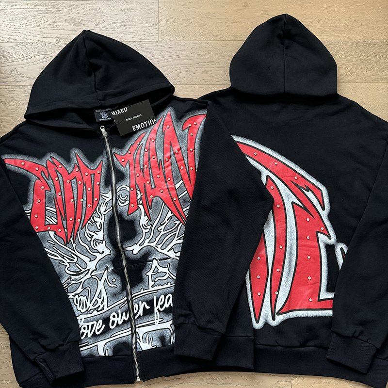 MIXED EMOTION Rhinestone Graphic Full-Zip Hoodie