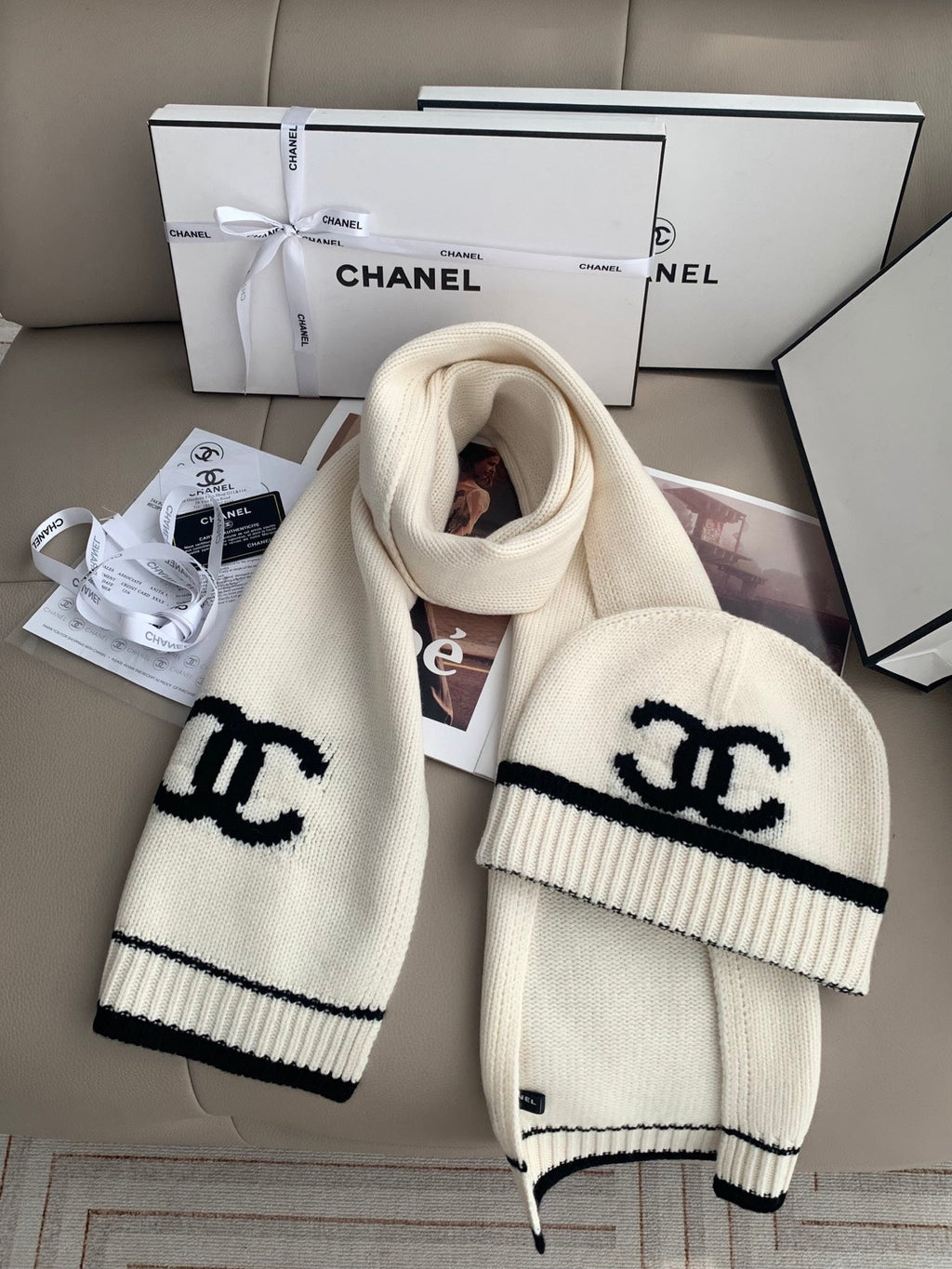 Chanel Style Logo Knit Scarf and Beanie Set
